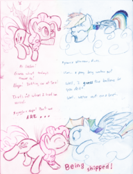 Size: 500x650 | Tagged: safe, artist:kittyhawk-contrail, pinkie pie, rainbow dash, g4, cloud, comic, female, kissing, lesbian, ship:pinkiedash, shipping, surprise kiss, surprised, traditional art