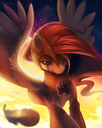 Size: 2447x3046 | Tagged: dead source, safe, artist:si1vr, fluttershy, g4, 2013, armor, backlighting, badass, blood, element of kindness, female, flutterbadass, flying, helmet, one eye closed, solo, spread wings, wings