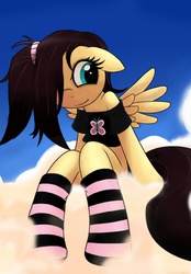 Size: 720x1034 | Tagged: safe, artist:apony, fluttershy, pegasus, pony, semi-anthro, g4, alternate hairstyle, clothes, cloud, cute, emoshy, fashion, female, hair over one eye, makeup, off shoulder, shirt, sitting, sky, smiling, socks, solo, strapless, striped socks, wings