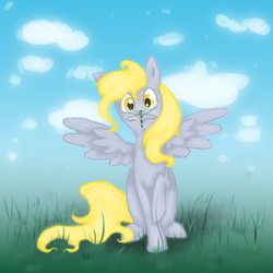 Size: 1600x1600 | Tagged: safe, artist:alouncara, derpy hooves, dragonfly, pegasus, pony, g4, female, field, mare, solo