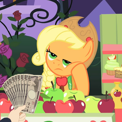Size: 720x720 | Tagged: safe, edit, edited screencap, screencap, applejack, earth pony, pony, g4, the best night ever, apple, applejack is not amused, clothes, cropped, dress, fistful of yen, food, frown, gala dress, glare, hand, hoof on chin, japanese yen, leaning, lidded eyes, money, squishy cheeks, unamused