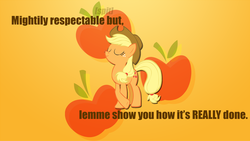 Size: 1920x1080 | Tagged: safe, artist:apertureninja, applejack, g4, cutie mark, female, pose, quote, solo, vector, wallpaper