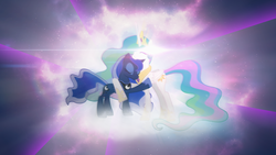 Size: 2732x1536 | Tagged: safe, artist:aelioszero, princess celestia, princess luna, g4, cute, eyes closed, hug, lens flare, smiling, vector, wallpaper