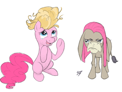 Size: 1024x768 | Tagged: safe, artist:topgull, cranky doodle donkey, pinkie pie, donkey, earth pony, pony, g4, alternate hairstyle, duo, mane swap, simple background, white background