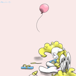 Size: 1024x1024 | Tagged: safe, artist:purplepassion3, surprise, pegasus, pony, g1, g4, adoraprise, balloon, crying, cute, female, g1 to g4, generation leap, hat, mare, party hat, pink balloon, present, sad, sadorable, sadprise, shadow, sitting, solo, wavy mouth