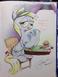 Size: 768x1024 | Tagged: safe, artist:andypriceart, derpy hooves, pegasus, pony, g4, card, chair, female, lady gaga, magic the gathering, mare, muffin, poker, poker face (song), solo, song reference, tongue out, traditional art
