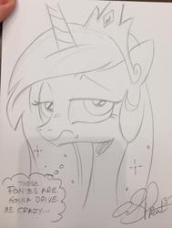Size: 861x1136 | Tagged: safe, artist:andypriceart, princess celestia, g4, female, portrait, sketch, solo, tired, traditional art