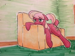 Size: 1024x765 | Tagged: safe, artist:maikeruto, cheerilee, g4, chair, couch, female, solo, tired, traditional art
