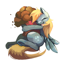 Size: 700x700 | Tagged: safe, artist:idrawweeklypony, derpy hooves, pegasus, pony, g4, female, food, giant muffin, happy, mare, muffin, size difference, solo