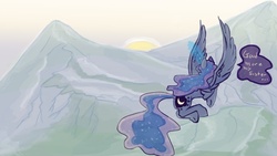 Size: 1152x648 | Tagged: safe, artist:cup0fdoom, princess luna, g4, female, flying, role reversal, solo, working