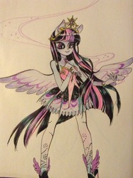 Size: 956x1280 | Tagged: safe, artist:muffinmachine, artist:shacklefunk, twilight sparkle, human, equestria girls, g4, female, horn, horned humanization, humanized, solo, traditional art, winged humanization, winged shoes, wings
