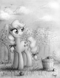 Size: 809x1036 | Tagged: safe, artist:magfen, applejack, g4, apple, bucket, female, monochrome, sky, smiling, solo, standing, traditional art