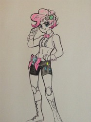 Size: 956x1280 | Tagged: safe, artist:muffinmachine, artist:shacklefunk, pinkie pie, human, g4, alternate hairstyle, belly button, bowtie, clothes, compression shorts, female, humanized, midriff, no more ponies at source, short hair, simple background, solo, traditional art, white background