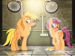 Size: 2600x1959 | Tagged: safe, artist:ruhisu, scootaloo, oc, oc:brave wing, g4, blushing, fanfic, male, shower, soap, stallion