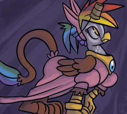 Size: 1560x1400 | Tagged: safe, artist:fauxsquared, oc, oc only, oc:rainbow feather, griffon, bunny ears, clothes, crossover, cute, dress, dressup, fake horn, horn, interspecies offspring, magical lesbian spawn, offspring, parent:gilda, parent:rainbow dash, parents:gildash, pink, princess, princess peach, puffy sleeves, solo, super mario bros., toilet paper roll