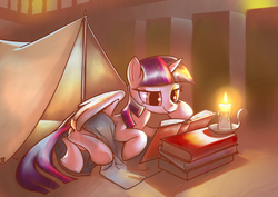 Size: 3507x2480 | Tagged: safe, artist:gashiboka, twilight sparkle, alicorn, pony, g4, book, camping, candle, female, indoors, mare, reading, solo, tent, twilight sparkle (alicorn)