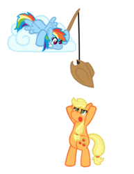 Size: 2550x3300 | Tagged: safe, artist:zanefir-dran, applejack, rainbow dash, pony, g4, bipedal, cloud, fishing rod, hat, stealing