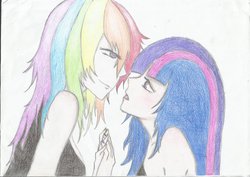 Size: 1024x724 | Tagged: safe, artist:berrypinch, rainbow dash, twilight sparkle, human, g4, female, humanized, lesbian, ship:twidash, shipping, traditional art