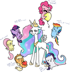 Size: 1024x1053 | Tagged: safe, artist:fernwind, applejack, fluttershy, pinkie pie, princess celestia, rainbow dash, rarity, twilight sparkle, alicorn, pony, g4, apple, balloon, celestia is not amused, chibi, cute, female, gem, mane six, mare, moustache, tired, twilight sparkle (alicorn), unamused