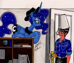 Size: 1332x1131 | Tagged: safe, artist:newyorkx3, princess luna, human, g4, bucket, hat, prank, self insert, traditional art, wet