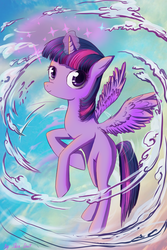 Size: 1000x1500 | Tagged: safe, artist:mia-doof, twilight sparkle, alicorn, pony, g4, cloud, cloudy, female, flying, magic, mare, solo, twilight sparkle (alicorn)