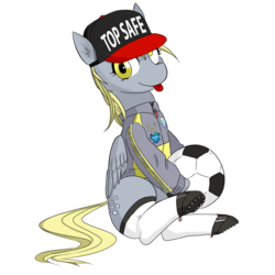 Size: 1000x1000 | Tagged: artist needed, safe, derpy hooves, pegasus, pony, g4, /mlp/, 4chan, 4chan cup, ball, baseball cap, clothes, female, football, hat, mare, safest hooves, simple background, solo, tongue out, top gun, transparent background