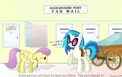 Size: 1811x1138 | Tagged: safe, artist:bluemeganium, dj pon-3, parasol, vinyl scratch, pegasus, pony, unicorn, g4, background pony, cart, dialogue, duo, fan mail, female, floppy ears, frown, grin, harness, implied diamond mint, implied drizzle, implied lyra, letter, mare, propaganda, raised hoof, sad, smiling, spider web, text