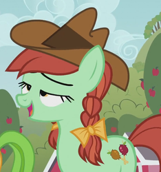 Size: 629x672 | Tagged: safe, screencap, candy apples, earth pony, pony, apple family reunion, g4, apple family member, background pony, bow, braid, cowboy hat, cropped, female, hair bow, hat, lidded eyes, mare, mid-blink screencap, open mouth, out of context, solo focus, stetson