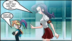 Size: 553x313 | Tagged: safe, artist:mauroz, rainbow dash, rarity, human, comic:la magia de la amistad, g4, clothes, cropped, humanized, miniskirt, school uniform, schoolgirl, skirt