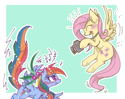 Size: 1000x797 | Tagged: safe, artist:kolshica, fluttershy, rainbow dash, pony, g4, blushing, camera, duo, rainbow dash always dresses in style, rainbow dash is not amused, smiling, unamused