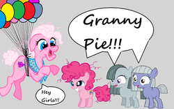 Size: 960x602 | Tagged: safe, granny pie, limestone pie, marble pie, pinkie pie, g4, balloon, filly, floating, happy, smiling, speech bubble, younger