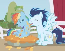 Size: 5421x4296 | Tagged: dead source, safe, artist:balintka96, rainbow dash, soarin', pegasus, pony, g4, absurd resolution, duo, female, foodplay, hilarious in hindsight, licking, male, messy, pie, pie seduce, ship:soarindash, shipping, shipping war in the comments, show accurate, straight, tickling, tongue out, vector