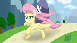 Size: 1920x1080 | Tagged: safe, artist:lomeo, angel bunny, fluttershy, g4, female, running, solo