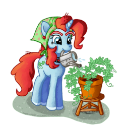 Size: 1024x1033 | Tagged: safe, artist:tierraverde, snowdrop (g4), oc, oc only, pony, unicorn, g4, female, mare, mouth hold, mutatingraven, plant, solo, watering can