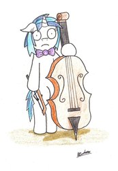 Size: 744x1074 | Tagged: safe, artist:bobthedalek, dj pon-3, vinyl scratch, pony, g4, backwards cutie mark, bipedal, bow (instrument), bowtie, cello, female, musical instrument, solo, traditional art