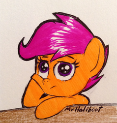 Size: 1820x1908 | Tagged: safe, artist:mrhaliboot, scootaloo, g4, bored, female, filly, foal, solo, traditional art