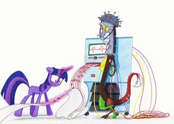 Size: 3077x2199 | Tagged: safe, artist:quynzel, discord, twilight sparkle, g4, magic, music notes, science, telekinesis, traditional art