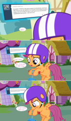 Size: 1280x2170 | Tagged: safe, artist:jan, rainbow dash, scootaloo, ask the crusaders, g4, ask, female, floating tumblr question, helmet, lies, sad, scooter, solo, tumblr, wonderbolts
