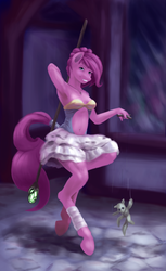 Size: 4400x7200 | Tagged: dead source, safe, artist:anoldmate, pinkie pie, anthro, unguligrade anthro, g4, absurd resolution, clothes, dress, female, hooves, marionette, puppet, solo, staff