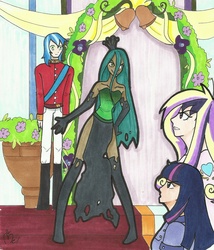 Size: 1597x1866 | Tagged: safe, artist:yuichan90, princess cadance, queen chrysalis, shining armor, twilight sparkle, human, a canterlot wedding, g4, humanized, traditional art