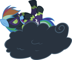 Size: 5121x4330 | Tagged: safe, artist:midnite99, rainbow dash, pegasus, pony, g4, luna eclipsed, absurd resolution, clothes, cloud, costume, female, hooves, lying on a cloud, mare, nightmare night, on a cloud, open mouth, shadowbolt dash, shadowbolts costume, simple background, solo, transparent background, vector