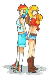 Size: 1082x1554 | Tagged: safe, artist:yuichan90, applejack, rainbow dash, human, g4, clothes, converse, humanized, shoes, traditional art