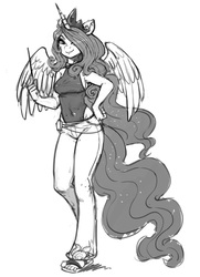 Size: 653x900 | Tagged: safe, artist:kevinsano, princess celestia, anthro, plantigrade anthro, hoofbeat 2, g4, breasts, clothes, feet, female, grayscale, hoofbeat, monochrome, reasonably sized breasts, sandals, solo, toes