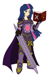 Size: 4000x6000 | Tagged: safe, artist:csillaghullo, twilight sparkle, human, g4, absurd resolution, armor, book, fantasy, female, humanized, simple background, solo, sword, transparent background, warrior twilight sparkle, weapon