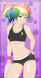 Size: 3000x5625 | Tagged: safe, artist:miketheuser, artist:overmare, rainbow dash, human, g4, belly button, clothes, compression shorts, exercise, female, humanized, midriff, ponytail, solo, sports bra, sports shorts