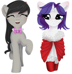 Size: 825x847 | Tagged: safe, artist:aruva-chan, octavia melody, rarity, earth pony, pony, unicorn, g4, alternate hairstyle, cape, clothes, eyes closed, female, hoof boots, lesbian, mare, raritavia, shipping, simple background, smiling, white background