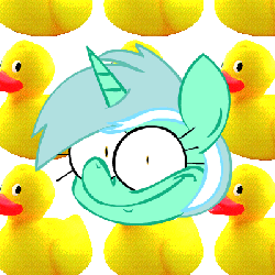 Size: 400x400 | Tagged: safe, lyra heartstrings, duck, horse, g4, animated, disembodied head, female, head, mronosa, rubber duck, solo, wat