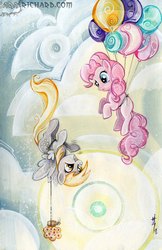 Size: 622x960 | Tagged: safe, artist:sara richard, derpy hooves, pinkie pie, pegasus, pony, g4, balloon, female, flying, mare, muffin, then watch her balloons lift her up to the sky