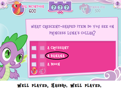 Size: 749x553 | Tagged: safe, big macintosh, pinkie pie, princess luna, spike, g4, banana, do you like bananas?, equestrivia challenge, friendship is magic bitch, game, moon, text