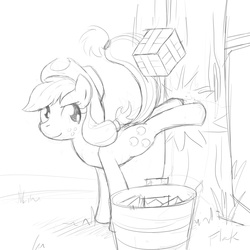 Size: 1000x1000 | Tagged: safe, artist:flak, applejack, g4, applebucking, bucking, cube, female, grayscale, monochrome, solo, tree